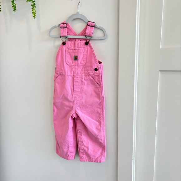 Carhartt Girls Pink Bib Overalls Adjustable Strap Buckle Pockets Size 18 month - Picture 2 of 10